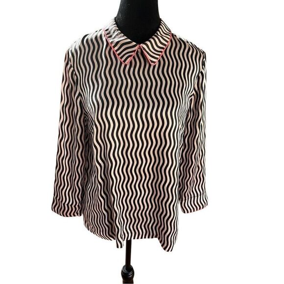 Juicy Couture 100% Silk Crepe Collared Pink Black Squiggly Striped Blouse Size L - Picture 1 of 9